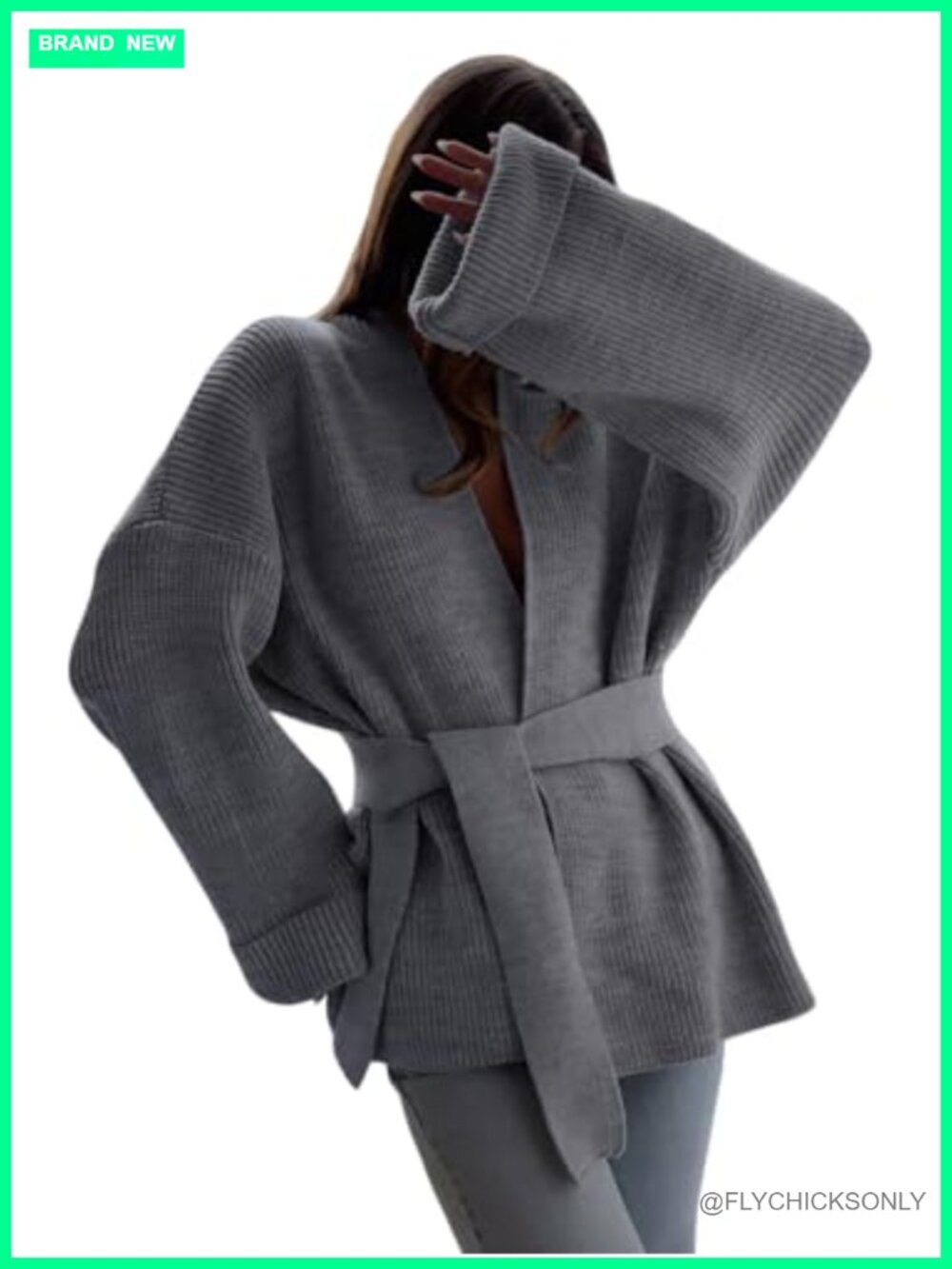 Ribbed Knit Wrap Cardigan Tie Waist Oversized Flare Sleeve Sweater